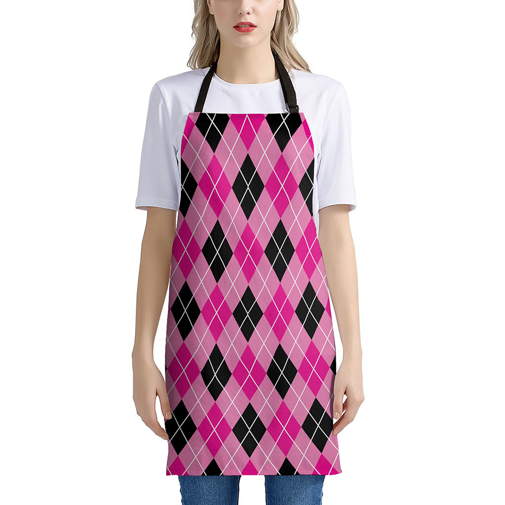 Black And Pink Argyle Pattern Print Apron