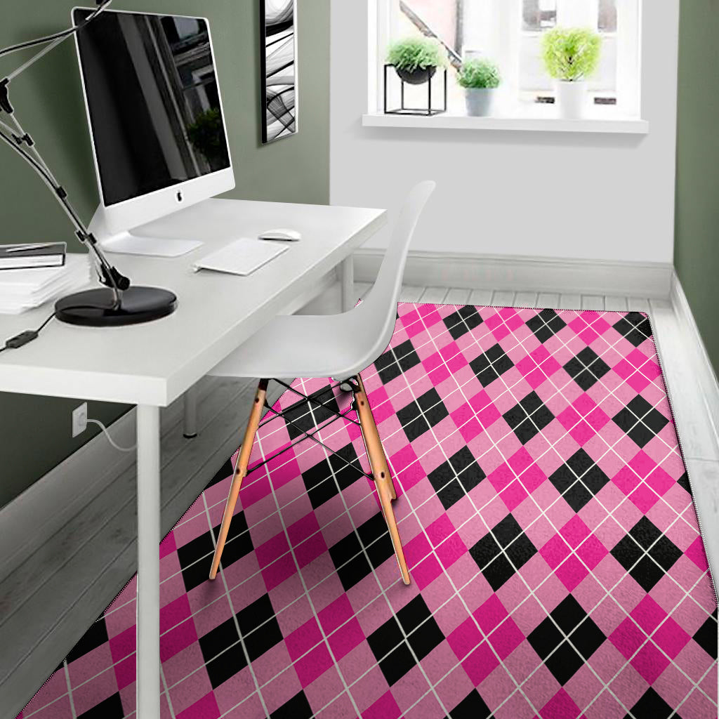 Black And Pink Argyle Pattern Print Area Rug