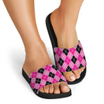 Black And Pink Argyle Pattern Print Black Slide Sandals