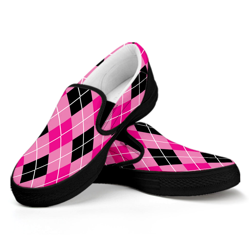 Black And Pink Argyle Pattern Print Black Slip On Shoes