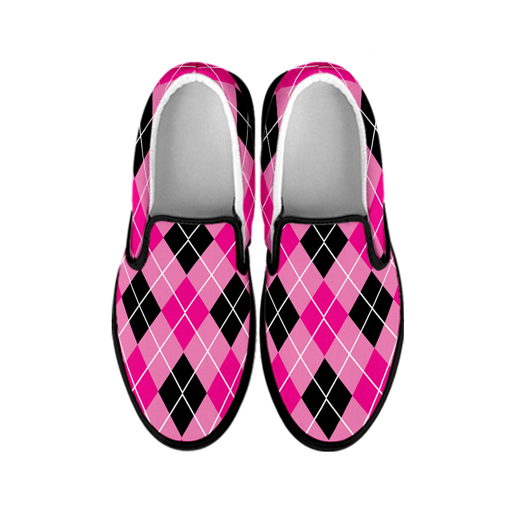 Black And Pink Argyle Pattern Print Black Slip On Shoes