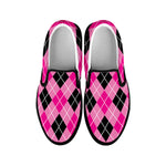 Black And Pink Argyle Pattern Print Black Slip On Shoes