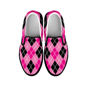 Black And Pink Argyle Pattern Print Black Slip On Shoes