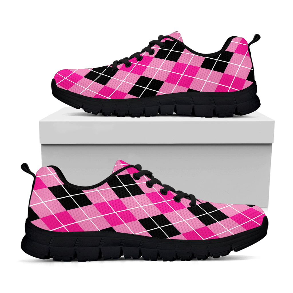 Black And Pink Argyle Pattern Print Black Sneakers