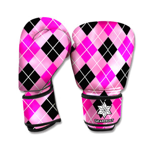 Black And Pink Argyle Pattern Print Boxing Gloves