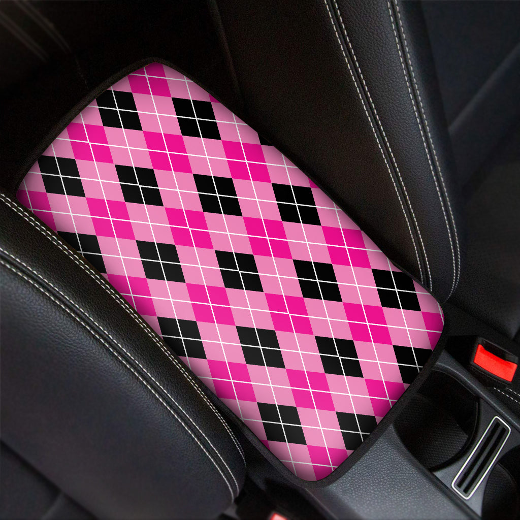 Black And Pink Argyle Pattern Print Car Center Console Cover