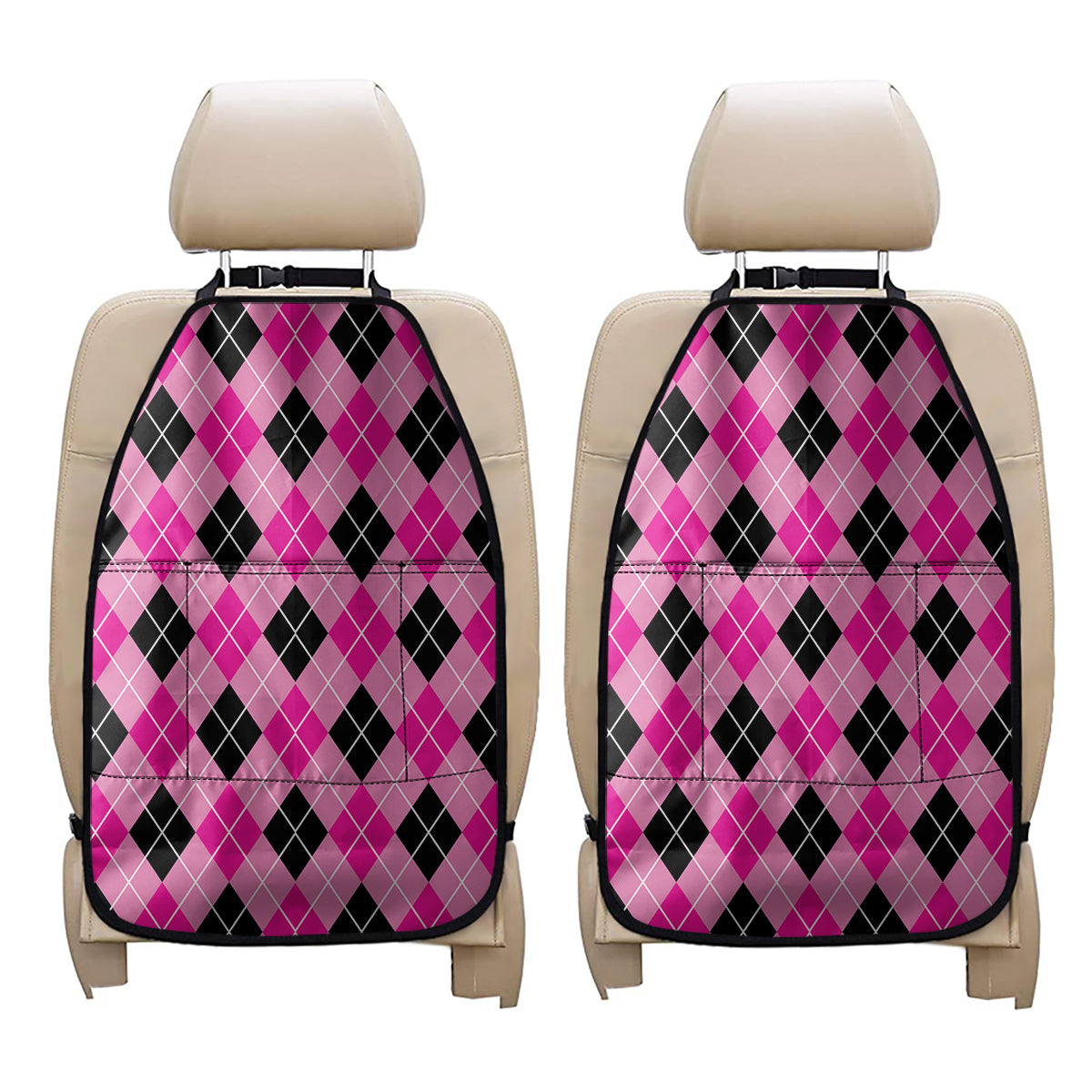 Black And Pink Argyle Pattern Print Car Seat Organizers