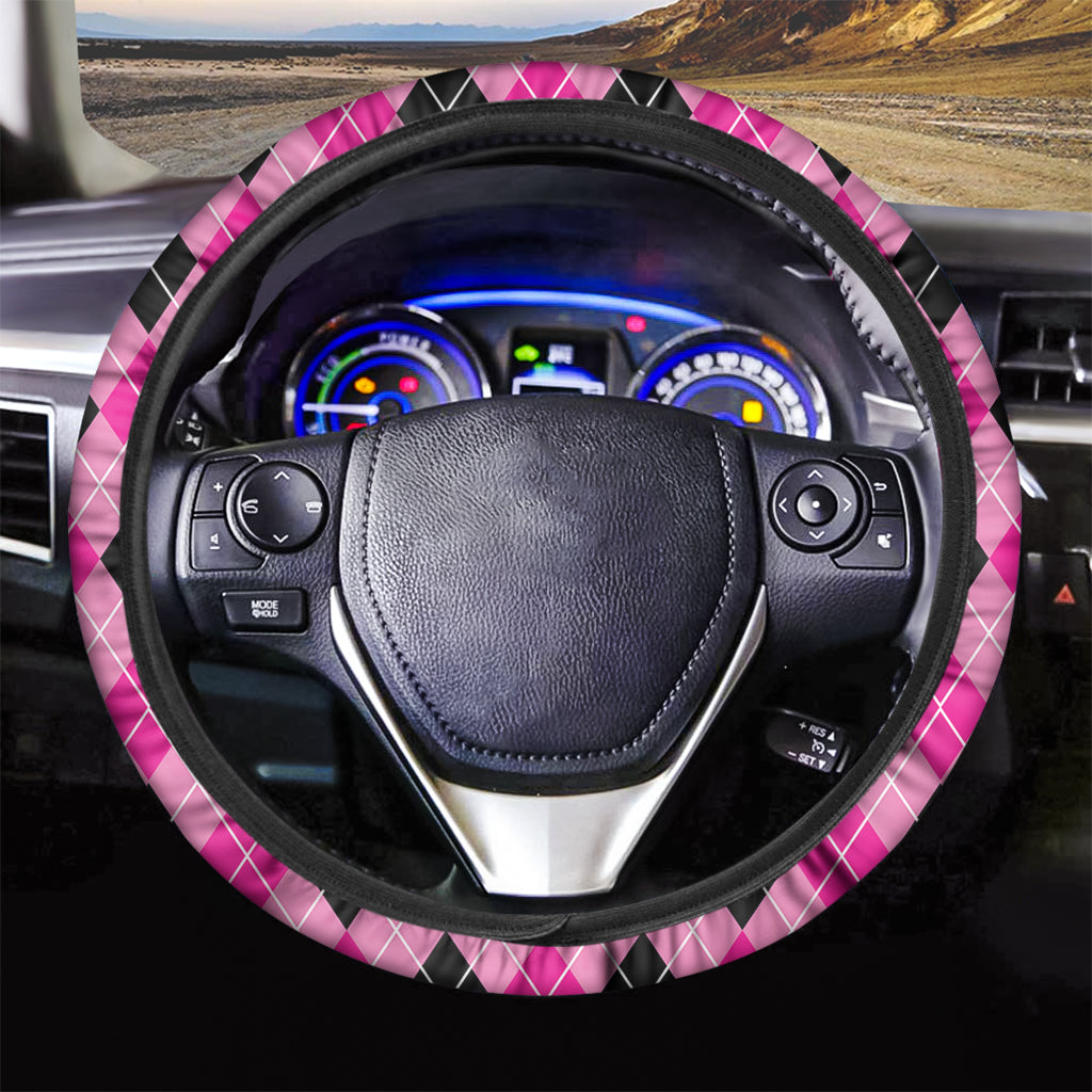 Black And Pink Argyle Pattern Print Car Steering Wheel Cover