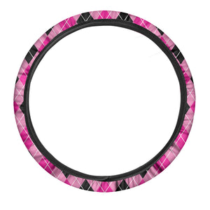 Black And Pink Argyle Pattern Print Car Steering Wheel Cover