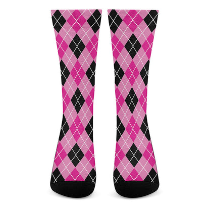 Black And Pink Argyle Pattern Print Crew Socks