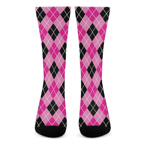 Black And Pink Argyle Pattern Print Crew Socks