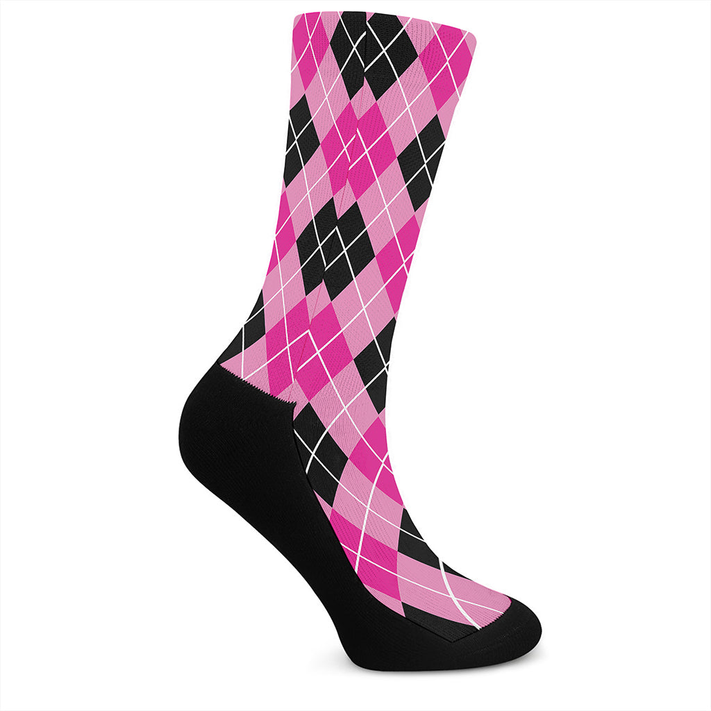 Black And Pink Argyle Pattern Print Crew Socks