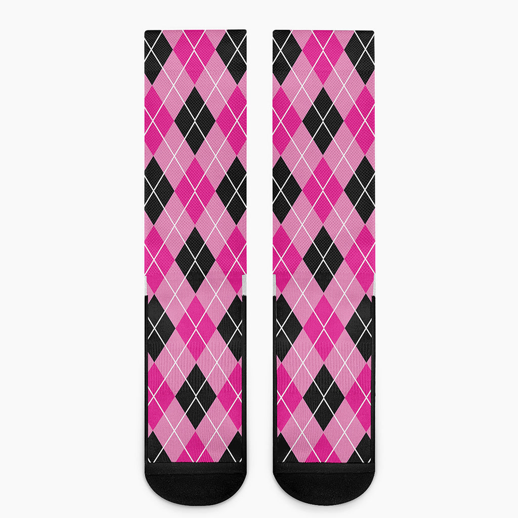 Black And Pink Argyle Pattern Print Crew Socks