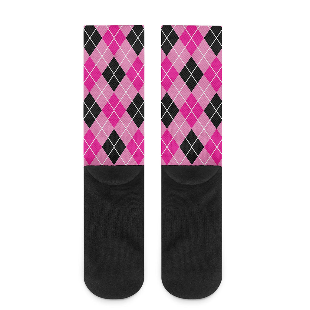 Black And Pink Argyle Pattern Print Crew Socks