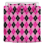 Black And Pink Argyle Pattern Print Duvet Cover Bedding Set