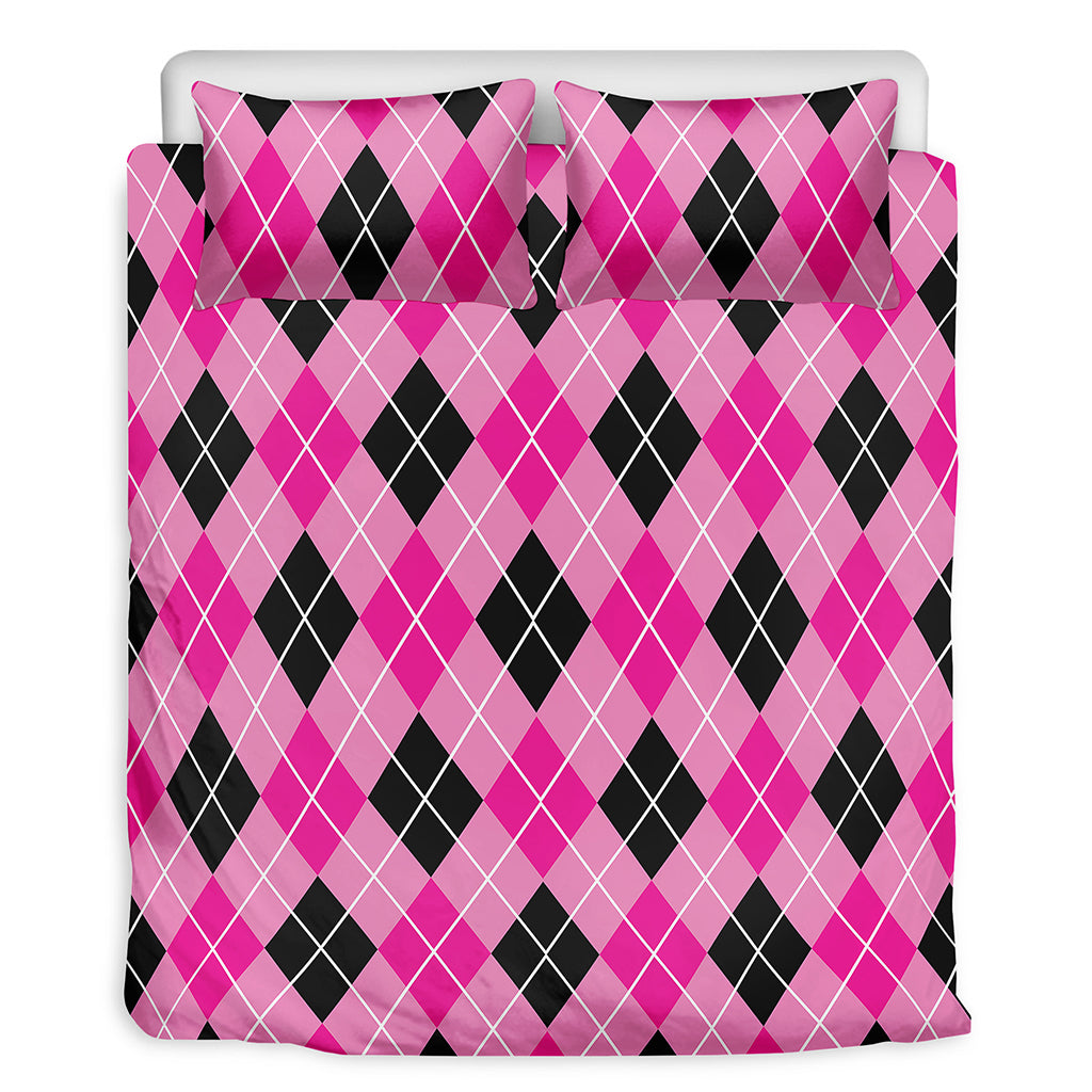 Black And Pink Argyle Pattern Print Duvet Cover Bedding Set