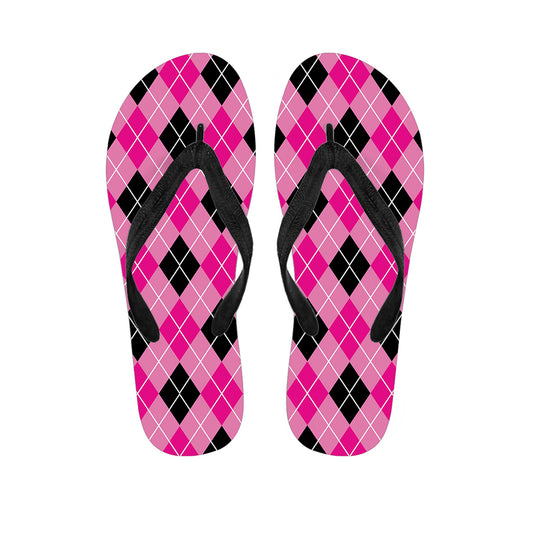 Black And Pink Argyle Pattern Print Flip Flops