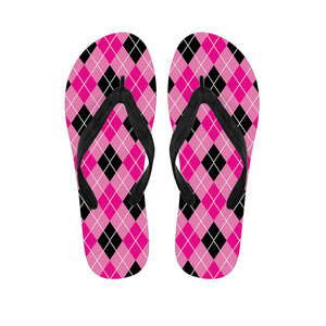 Black And Pink Argyle Pattern Print Flip Flops