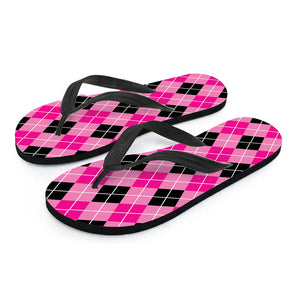 Black And Pink Argyle Pattern Print Flip Flops