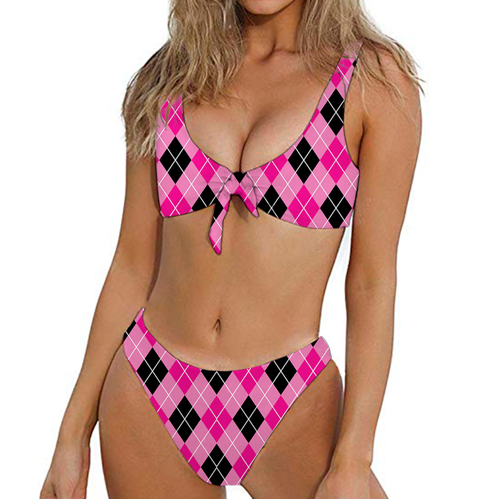 Black And Pink Argyle Pattern Print Front Bow Tie Bikini