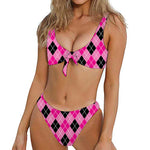 Black And Pink Argyle Pattern Print Front Bow Tie Bikini