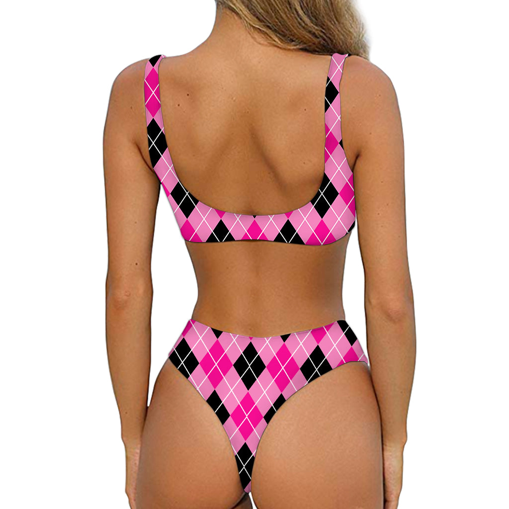 Black And Pink Argyle Pattern Print Front Bow Tie Bikini