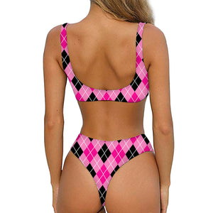 Black And Pink Argyle Pattern Print Front Bow Tie Bikini