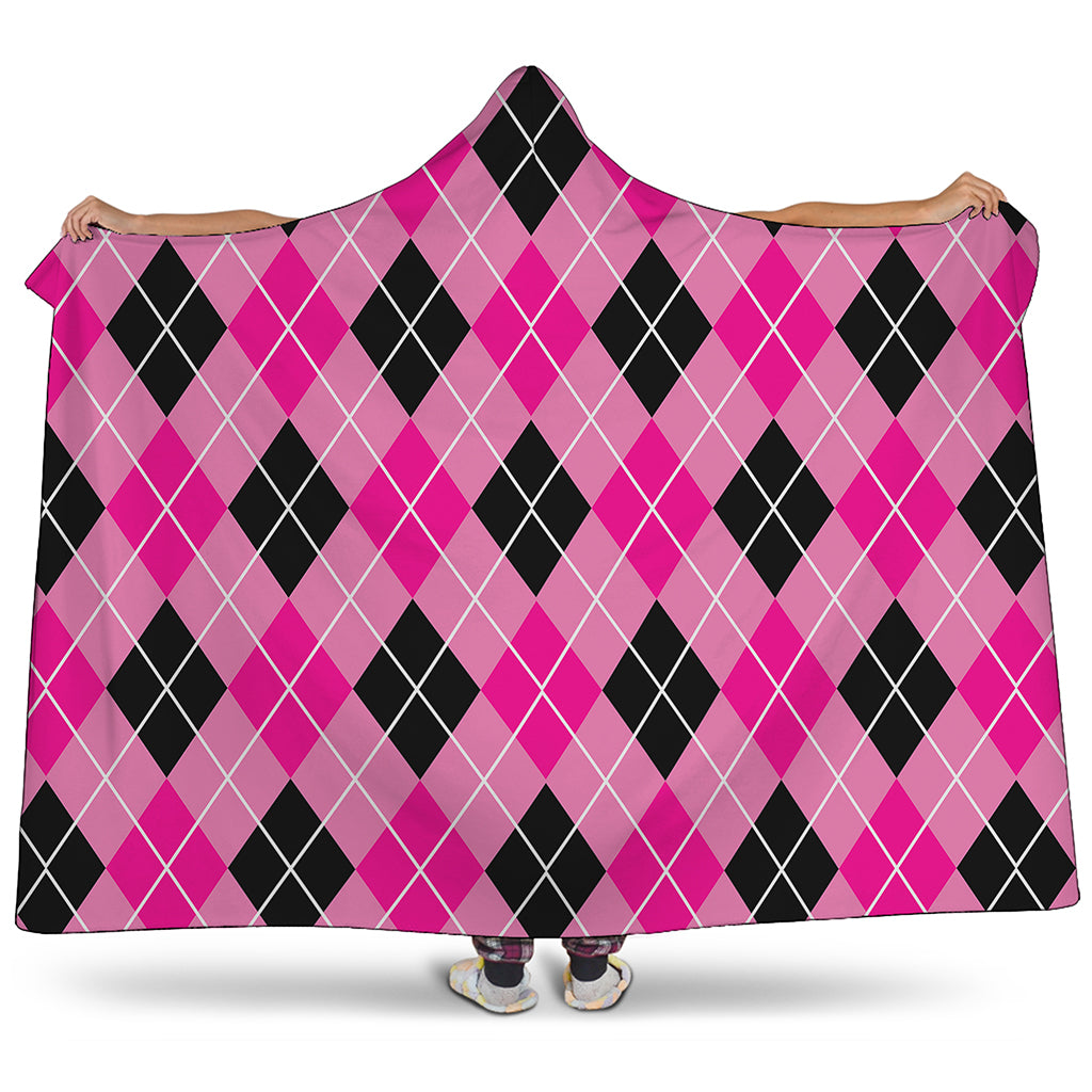 Black And Pink Argyle Pattern Print Hooded Blanket