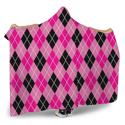 Black And Pink Argyle Pattern Print Hooded Blanket