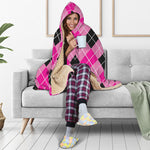 Black And Pink Argyle Pattern Print Hooded Blanket