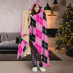 Black And Pink Argyle Pattern Print Hooded Blanket
