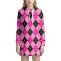 Black And Pink Argyle Pattern Print Pullover Hoodie Dress