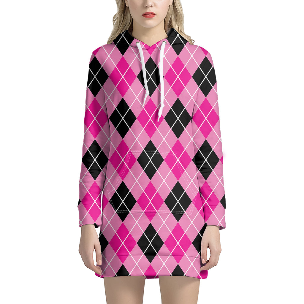 Black And Pink Argyle Pattern Print Hoodie Dress