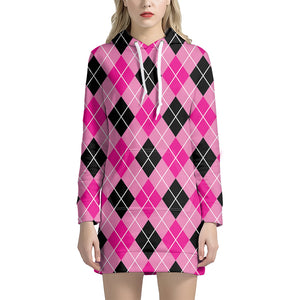 Black And Pink Argyle Pattern Print Hoodie Dress