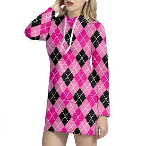 Black And Pink Argyle Pattern Print Hoodie Dress