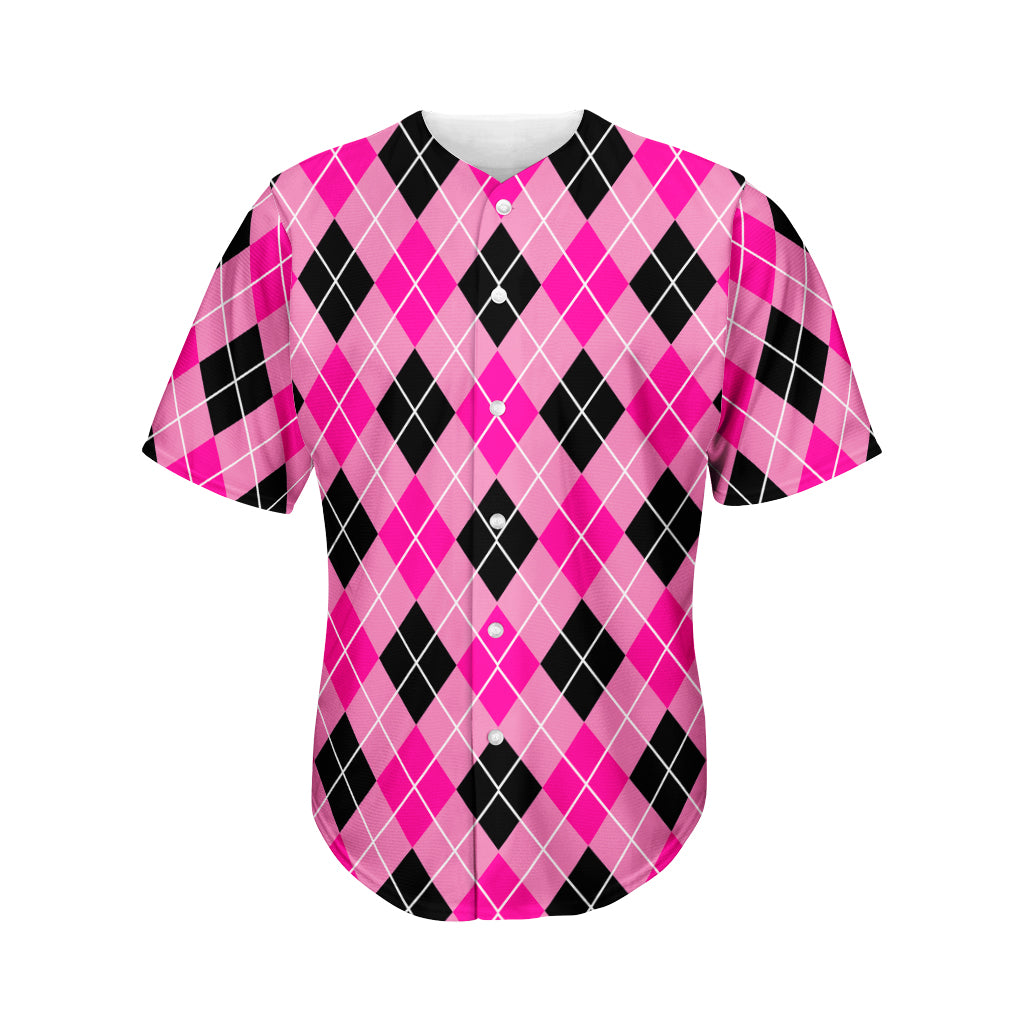 Black And Pink Argyle Pattern Print Men's Baseball Jersey