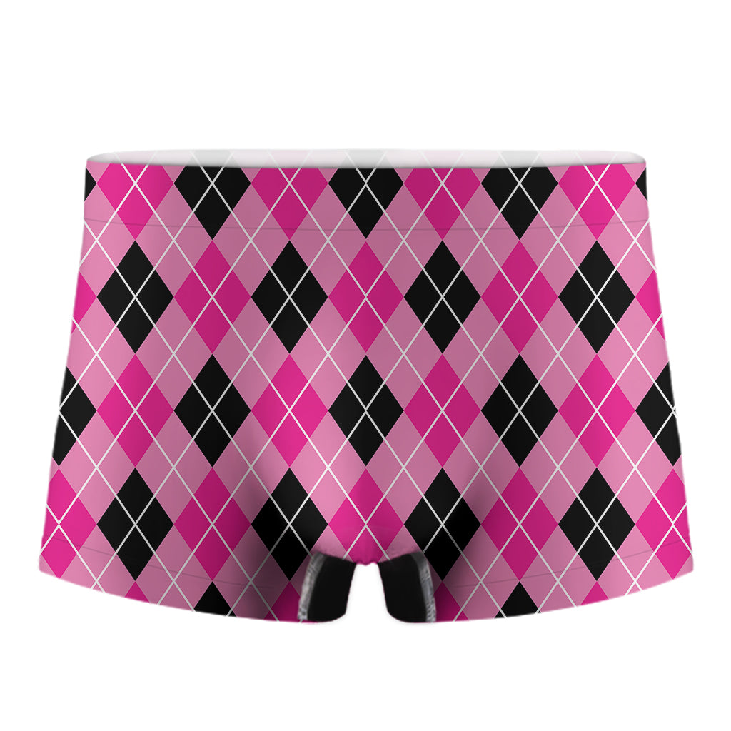 Black And Pink Argyle Pattern Print Men's Boxer Briefs