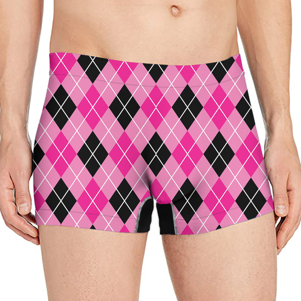 Black And Pink Argyle Pattern Print Men's Boxer Briefs