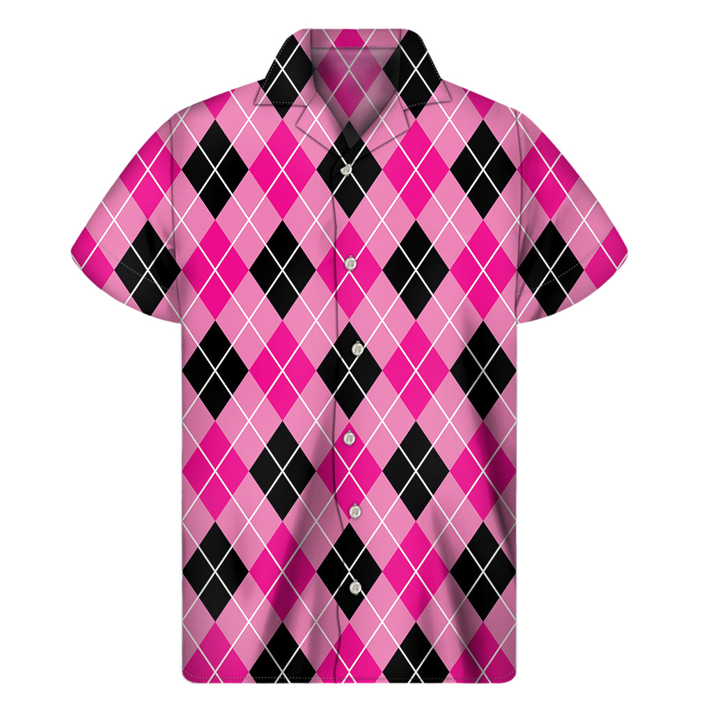 Black And Pink Argyle Pattern Print Men's Short Sleeve Shirt