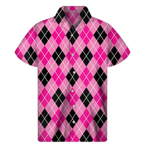 Black And Pink Argyle Pattern Print Men's Short Sleeve Shirt