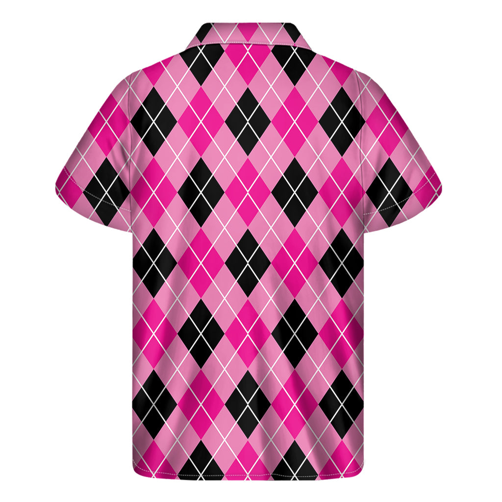 Black And Pink Argyle Pattern Print Men's Short Sleeve Shirt