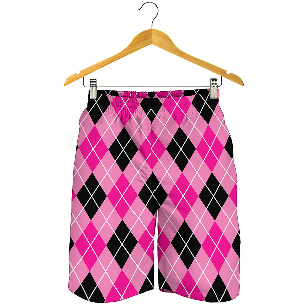 Black And Pink Argyle Pattern Print Men's Shorts