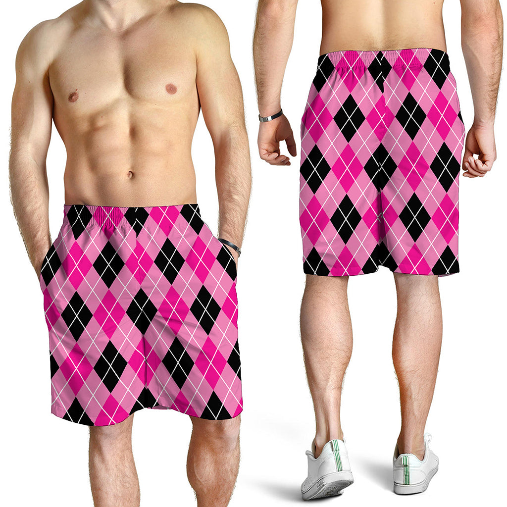 Black And Pink Argyle Pattern Print Men's Shorts