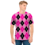 Black And Pink Argyle Pattern Print Men's T-Shirt