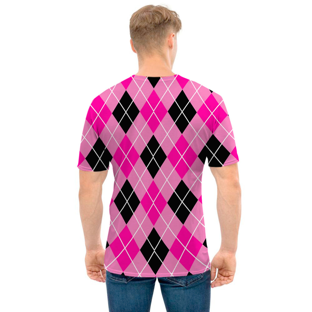 Black And Pink Argyle Pattern Print Men's T-Shirt