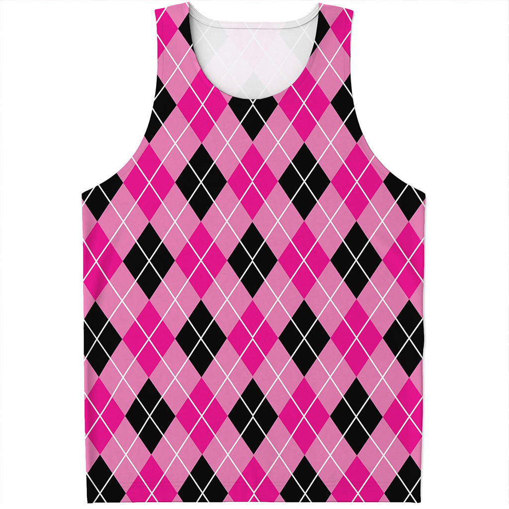 Black And Pink Argyle Pattern Print Men's Tank Top