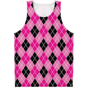 Black And Pink Argyle Pattern Print Men's Tank Top