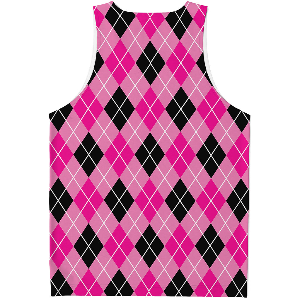 Black And Pink Argyle Pattern Print Men's Tank Top