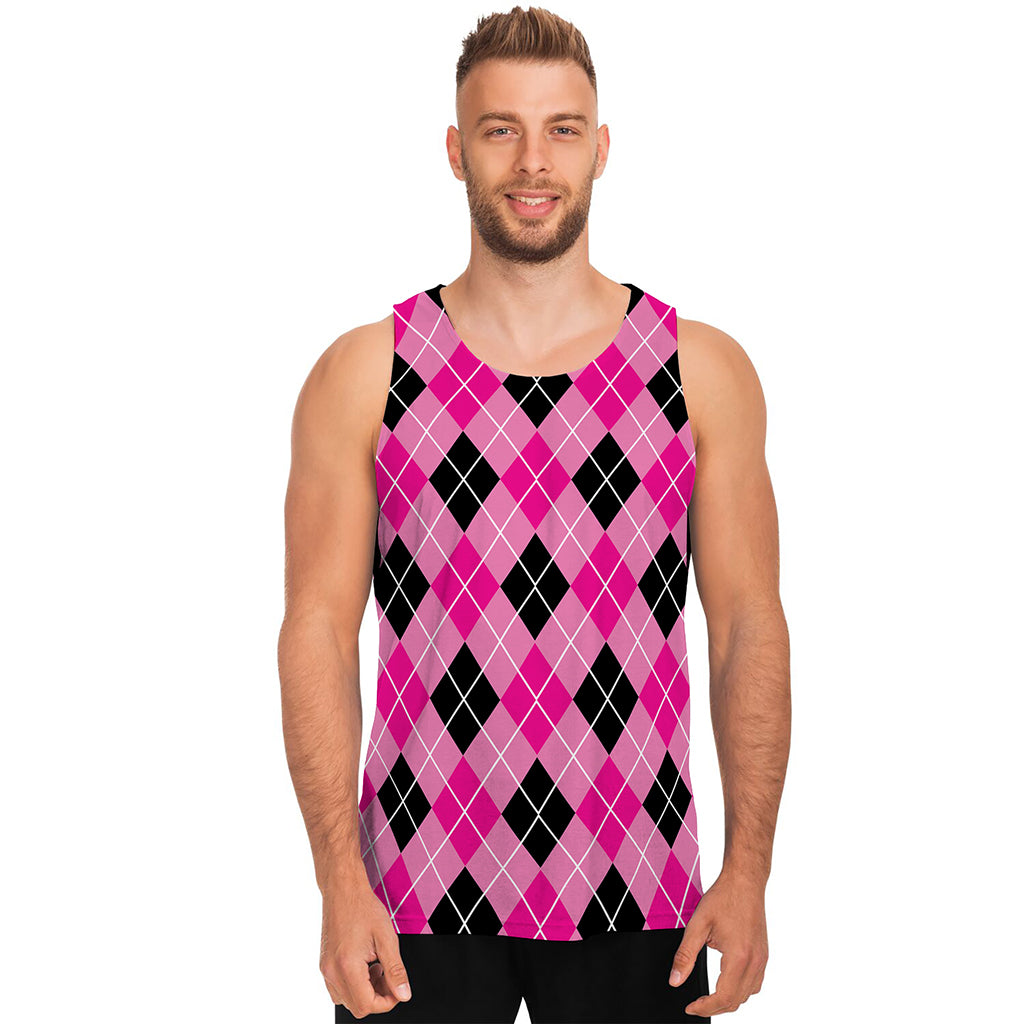 Black And Pink Argyle Pattern Print Men's Tank Top