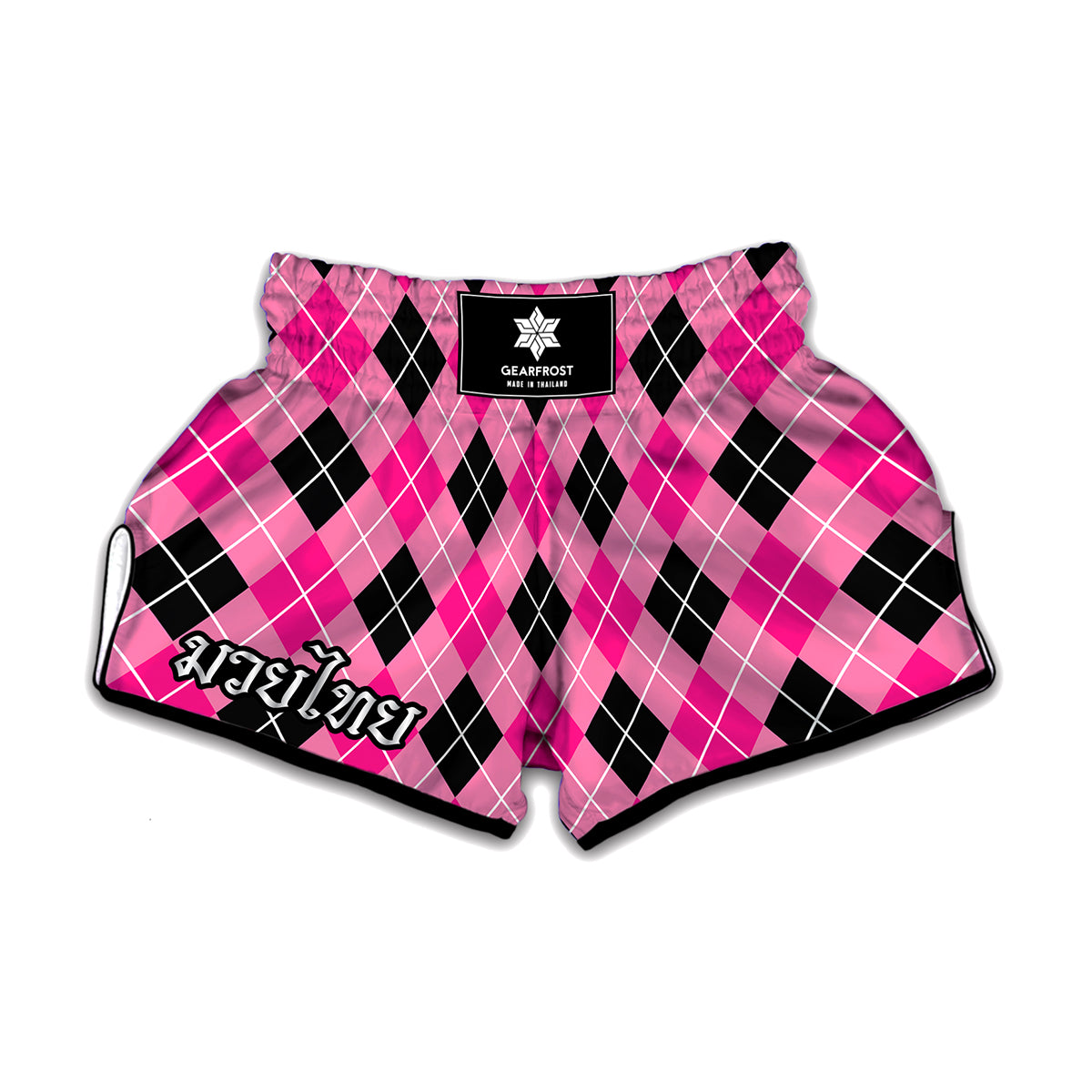 Black And Pink Argyle Pattern Print Muay Thai Boxing Shorts